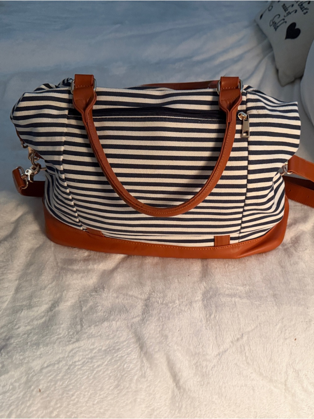 Navy and White Striped Travel Tote with Tan Trim